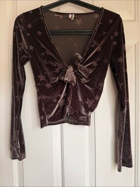 Urban Outfitters Dark Green Star-Print Velvet Tie-Front Crop Top